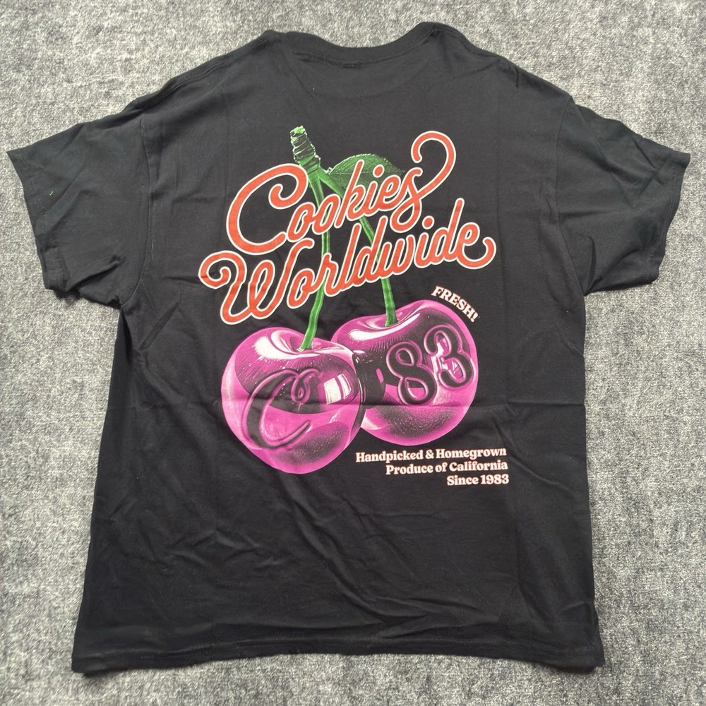 Cookies Worldwide Cherry On Top T-Shirt Mens XL Black Pink Back Graphic NWOT 83